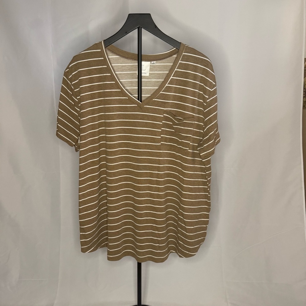 Loanna Brown & White Striped V-Neck Tee Shirt | Size 2X - Picture 1 of 3